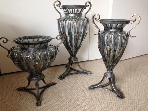 Decorative Glass and Wrought Iron Floor Vases