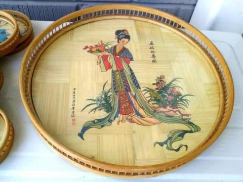 VINTAGE BAMBOO ORIENTAL TRAY AND COASTERS