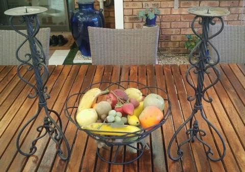 Elegant wrought iron table candle holder and metal fruit bowl