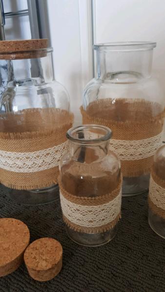Rustic vases - burlap/Hessian and lace - wedding