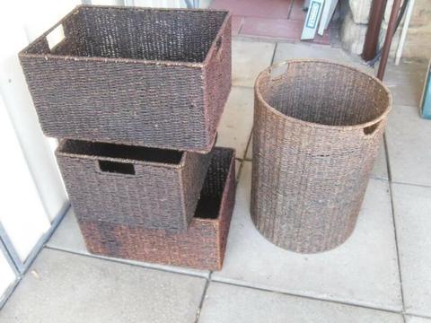 3 LARGE RECTANGULAR SEAGRASS BASKETS PLUS SEAGRASS LAUNDRY HAMPER