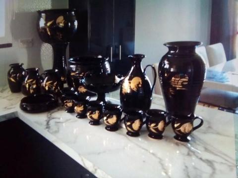 Beautiful Black Pottery Set with Gold