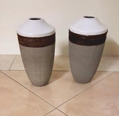 2 x Beige Wicker Strip Design Round Ceramic Pots