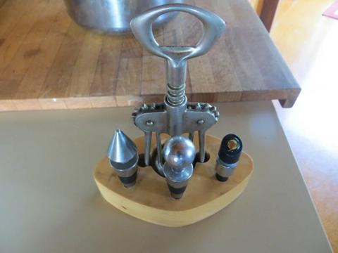 BAR TOOLS VINTAGE SET OF 4 IN WOOD DISPLAY . $30 THE LOT