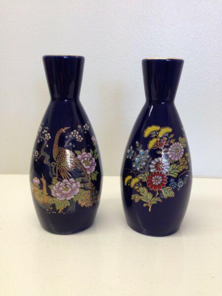 COBALT BLUE JAPANESE VASES GOLD Trim C1970 VINTAGE