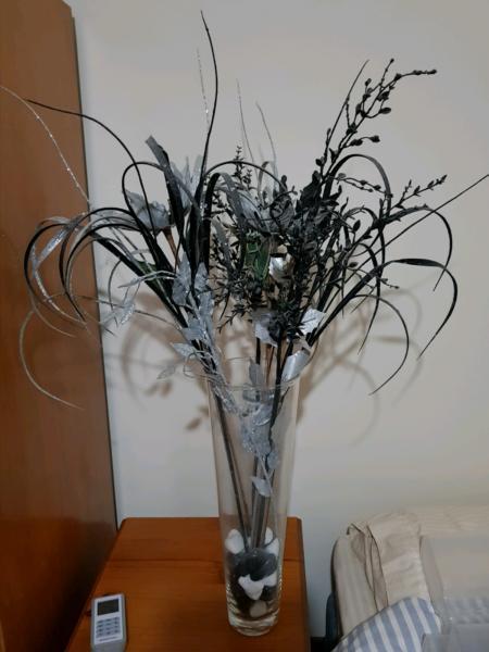 Black and Silver Artificial Flowers and Vase