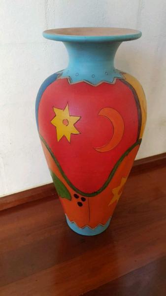 Hand painted terra cotta standing vas