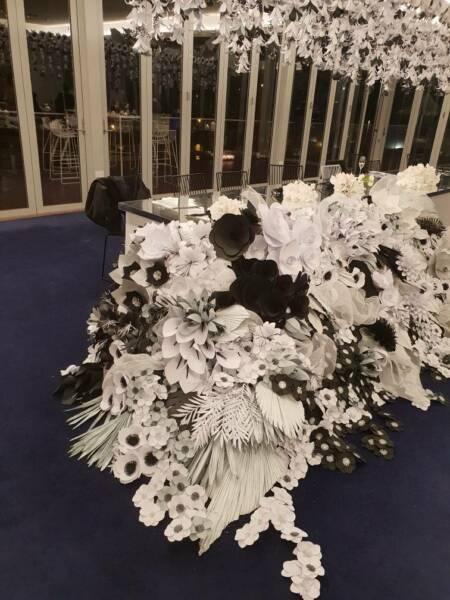 Paper flowers hanging, wall & bridal table arrangements (wedding)