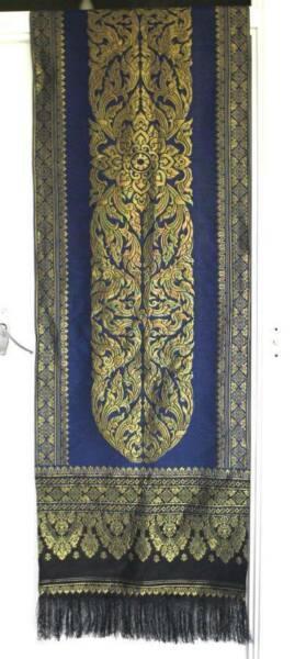 GOLD EMBROIDERED THAI TABLE COVER. GOLD ON BLUE. NEW