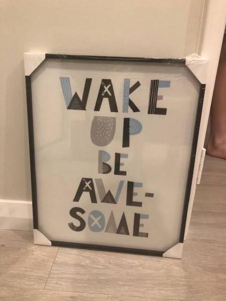 Framed Wall Art Work Blue and black Brand New 'Wake Up Be Awesome