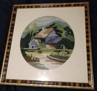 Beautiful Framed long-stitch picture of gorgeous cottage scene