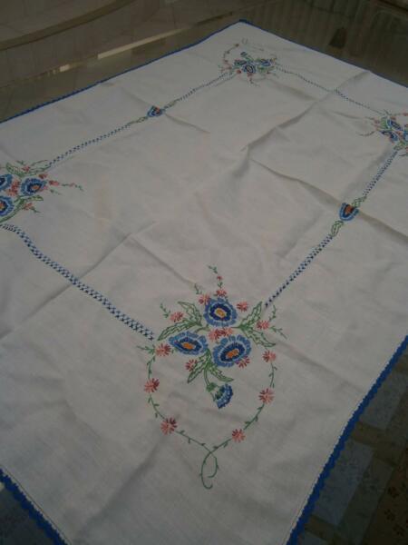 Vintage Linen Embroidery Tablecloth With Crochet Border