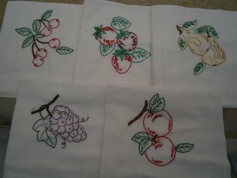 5 Vintage Embroidery Fruit Theme Tea Towels