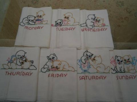 7 Vintage Embroidery Cat Theme Tea Towels