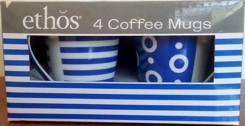 Set of 4 Blue and White Porcelain Contempo Coffee Mugs by Ethos