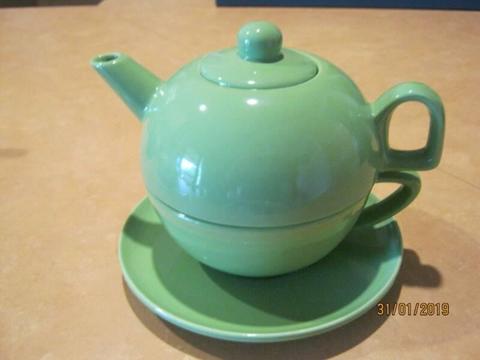 Green Ceramic Tea Pot with Large Cup and Saucer