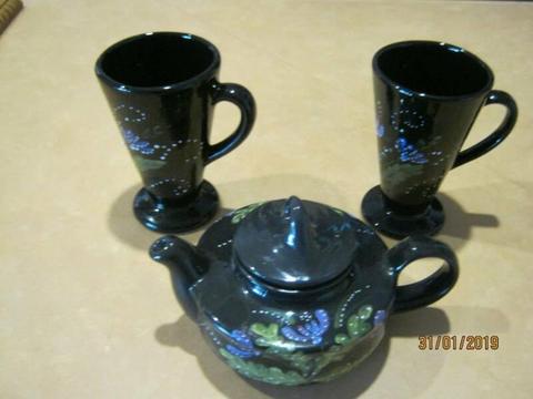 Black Decorated Ceramic Tea Pot and Mugs