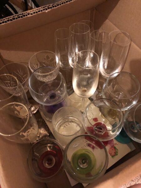 Box of wine, champagne and wild turkey glasses