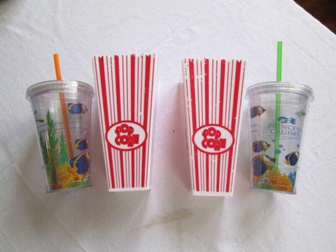 2 x Pop Corn Cups & 2 x Tumbler with lid & hard straw - PLASTIC