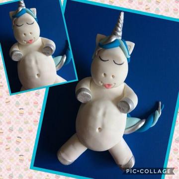 Blue & Silver male fondant fat lazy unicorn with 6 pack, cake topper