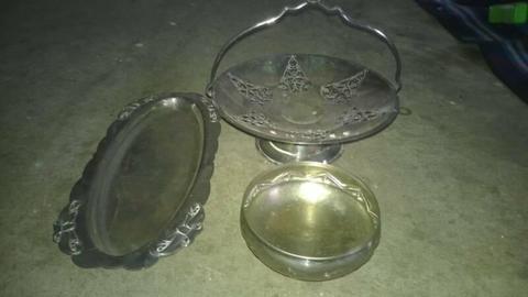 Silver 3 items. Tray 29cm. Stand with handle 20cm. Bowl 10.5cm