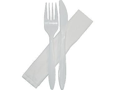 White plastic Knife, Fork, Napkin in clear plastic sleeve 500 apr