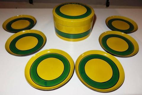 Retro Yellow Green Duralaque Japan Coaster Set in Box