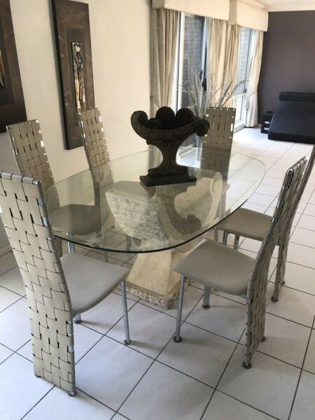 Glass top ceramic stone base with 6 leather chairs