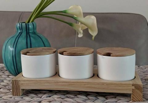 Beautiful 3pc white ceramic & wooden condiment set - not used