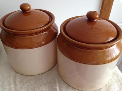 1960s matching pair Vintage stoneware crocs with lids