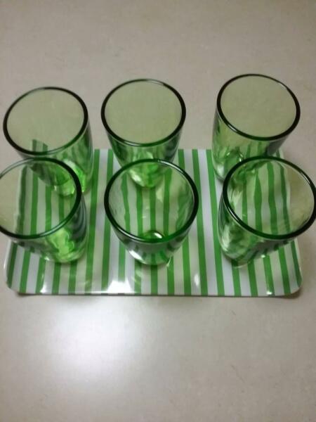 SET OF SIX GLASSES & TRAY. WAS $25. NOW $10