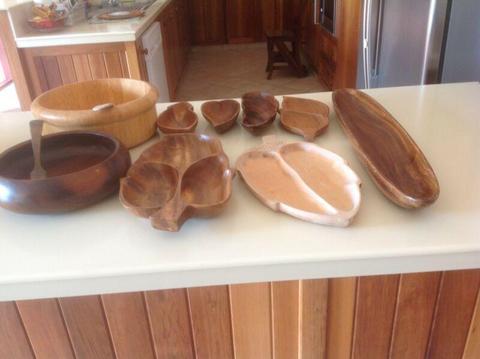 10 pc wood wooden vintage bowls, cheese plate, bread holder. etc
