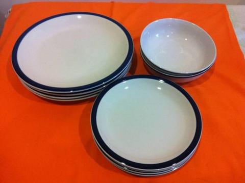 Dinnerware, kitchen basics, plain with blue stripe (10-12 pieces)