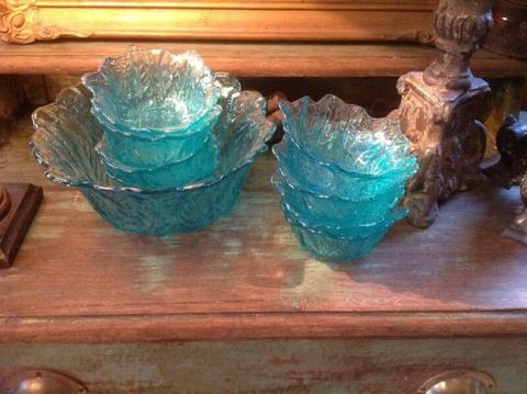 Aqua/green glassware. 7 small bowls, one large