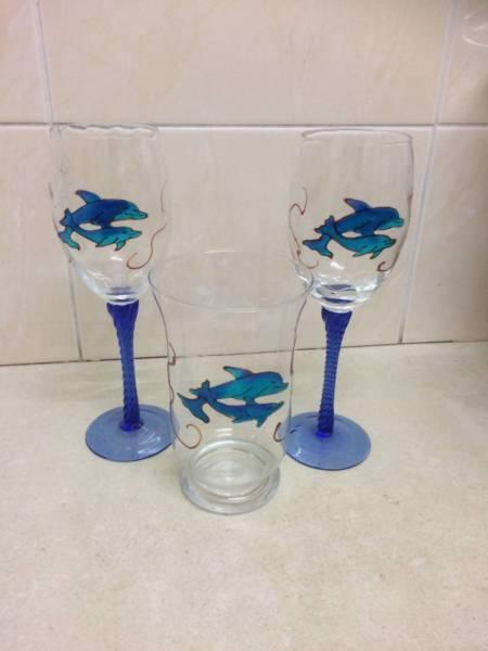 dolphin hand painted wine glasses