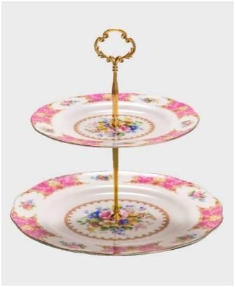Luxurious pink flower decal two tier cake stand (Bone China)