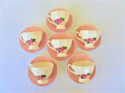 Luxurious Pink/ White Flower Decal Tea cup and Saucer 12 Pcs set