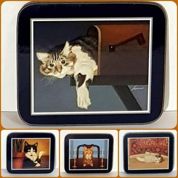 FREE P&H & WRAPPING Cat Coasters x 4 Laminate Corkboard Vintage
