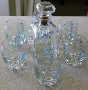 Blue Floral Design Italian Glass Decanter Set with 6 Glasses