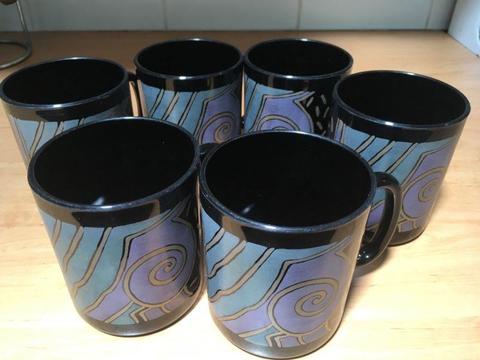 Set 6 Arcoroc Black Glass Mugs with purple gold metallic design