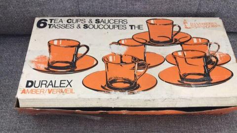 Vintage Duralex Amber tea cups and saucers