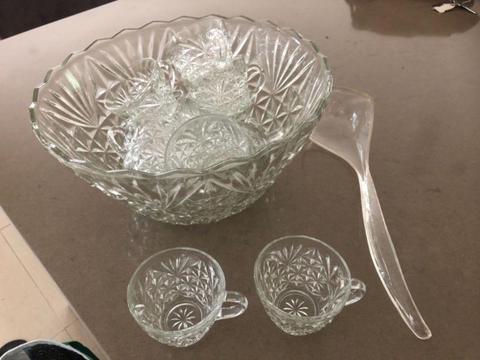 Glass Punch bowl with 12 cups and ladle