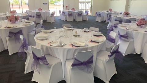 Chair covers spandex, table cloths, cutlery and water glasses