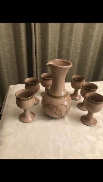 Pottery 6 Wine goblets & wine carafe