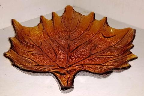 Vintage Retro Amber Glass Leaf Plate Dish Tray