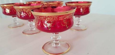 Set of 6 Mid-Century Vintage Ruby Red Venetian Glass wine glasses