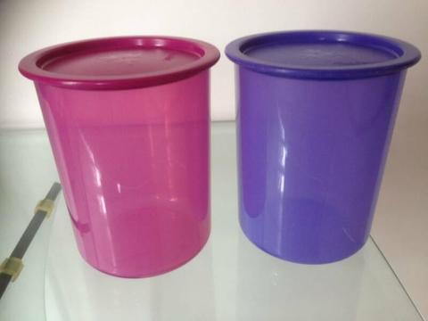 2 TUPPERWARE ONE TOUCH PINK AND PURPLE CANISTERS