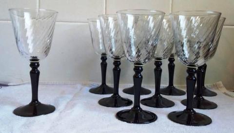 Set 10 J G Durand Arques France Swirl Black Stem Glasses