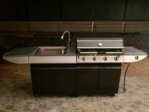 5 burner bbq with wok & sink. 2.7m w x .9h x .6d. excellent cond