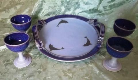 Southern Cross Dolphin Pottery Tray 4 Wine Goblets MUST GO!